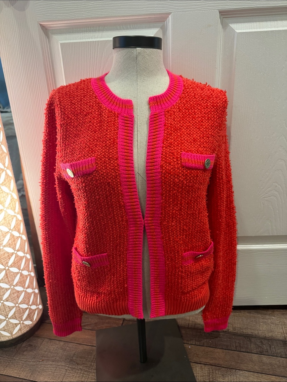 Lilly Pulitzer Red Orange Bouclé Cardigan with Hot Pink Trim